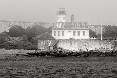 Bridge By Rose Island Light in Fog-BW